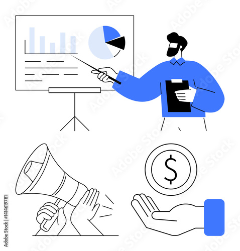 Business professional presents data, graphs, and pie charts while holding clipboard. Megaphone and donation symbol highlight marketing, fundraising. Ideal for education, finance, marketing