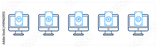A set of 5 mix icons as dollar, pound, yen