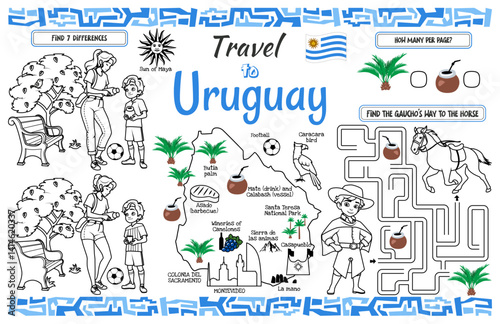 A fun placemat for kids. Printable “Travel to Uruguay” activity sheet with a labyrinth and find the differences. 17x11 inch printable vector file