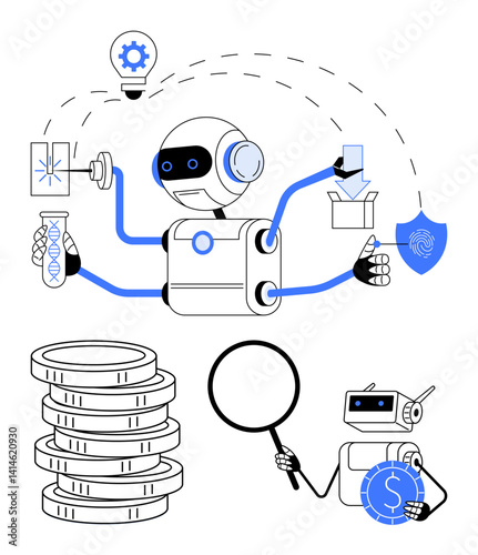 Robot performing DNA analysis, data research, encryption, idea generation, and financial management. Ideal for technology, automation, AI research fintech innovation and security. Flat simple