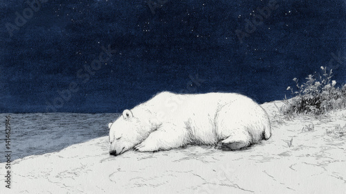 Polar Bear Sleeping Illustration: Dreamy Polar Bear Sleeping Under Night Sky in Woodblock Print Illustration Style with Moon, Stars, and Peaceful Atmosphere – Surreal Cute Animal Artwork