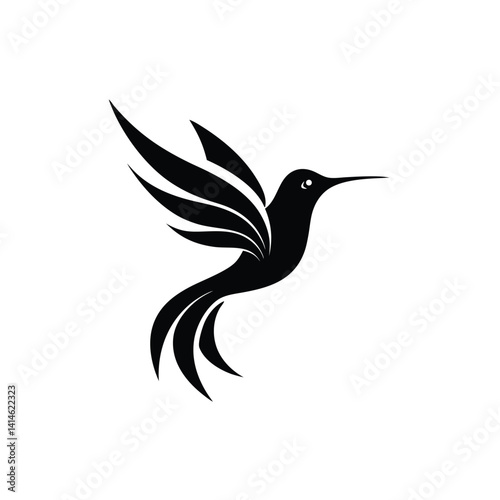 Stylized Black Silhouette Hummingbird in Flight - Abstract Design