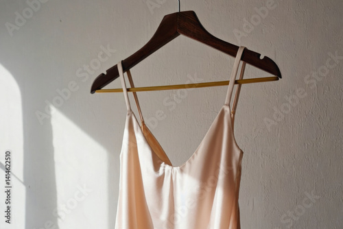 A woman's dress is hung up in a room, possibly for storage or display