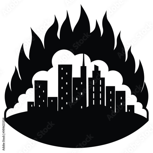 Burning City With Flames And Smoke No People
