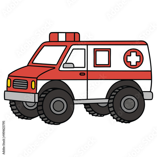 Cartoon Ambulance Car with Oversized Tires, Emergency Vehicle on Transparent Background