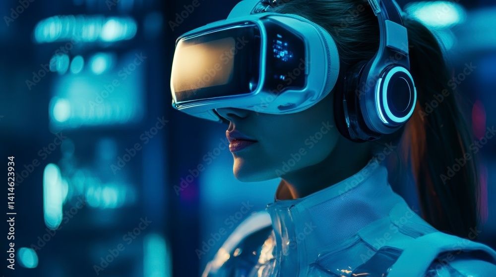 Woman wearing VR headset and headphones, experiencing immersive virtual reality. Woman wearing VR headset and headphones, experiencing immersive virtual reality.