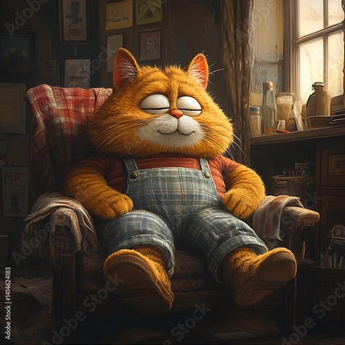 Contented Cat Garfield in a Chair Taking a Nap Wearing Overalls Furry Feline Portrait Rela