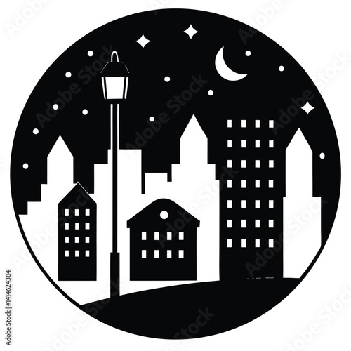 City At Night With Illuminated Windows And Streetlights