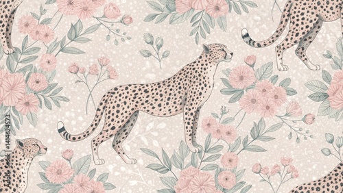 Seamless Cheetah and Floral Pattern Nature-Inspired Digital Art Vibrant Close-Up Decorative Design
