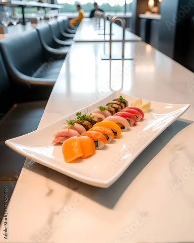 Sushi on a white plate in a restaurant, shallow depth of field