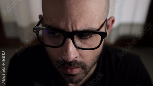 Intense close-up of a young man showing symptoms of anxiety, disoriented and scared, in cinematic chiaroscuro lighting