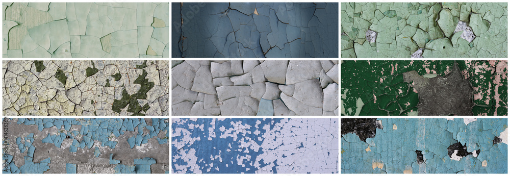 Set of peeling paint textures. Old concrete walls with cracked flaking paint. Weathered rough painted surfaces with patterns of cracks and peeling. Collection of wide panoramic backgrounds for design.