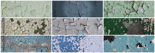 Obraz na płótnie Set of peeling paint textures. Old concrete walls with cracked flaking paint. Weathered rough painted surfaces with patterns of cracks and peeling. Collection of wide panoramic backgrounds for design. w salonie