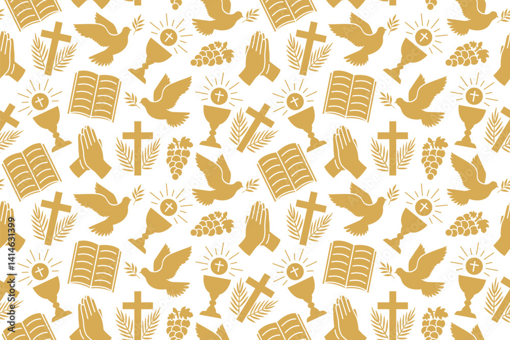 seamless golden pattern with christian religion icons: chalice, grapes, praying hands, dove with olive twig, cross with palm leaves and bible - vector illustration