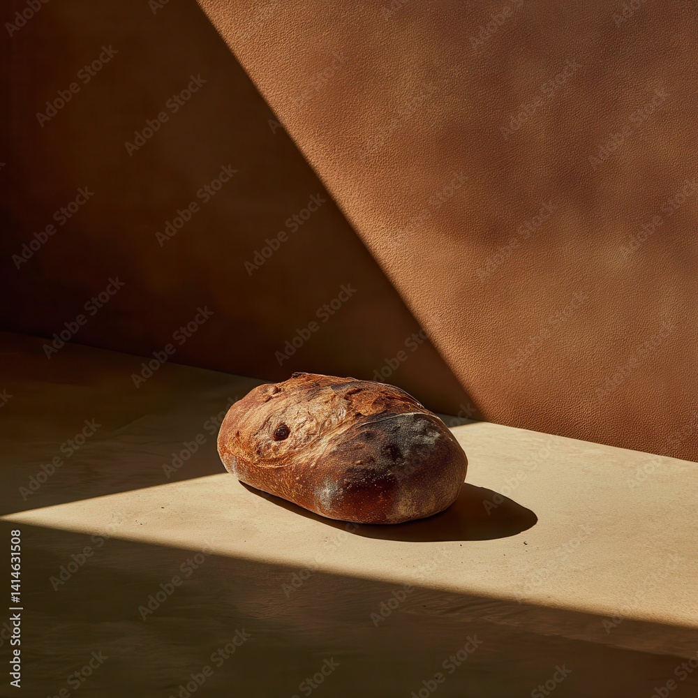 Warm, rustic sourdough loaf bathed in dramatic, golden light against a textured brown backdrop. A study in simple, earthy tones Warm, rustic sourdough loaf bathed in dramatic, golden light against a textured brown backdrop. A study in simple, earthy tones