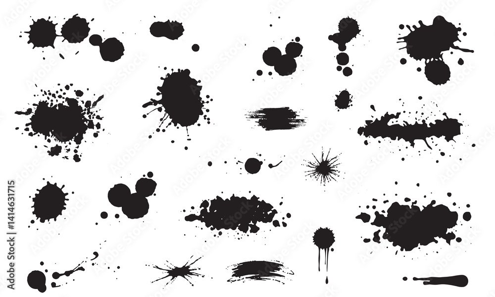 Set of grunge ink splatter. Splash of paints, spray drops, blood splash, wet paint drop collection. Kit with design elements- splash and drip, silhouette blob spray. Stock-Vector Illustration