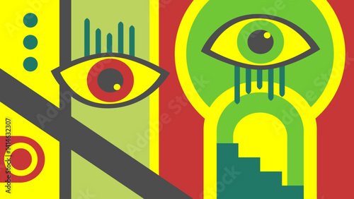 Abstract Eye Composition with Geometric Shapes and Vibrant Colors. Modern minimalist contemporary art style for banner, poster, or backgound.