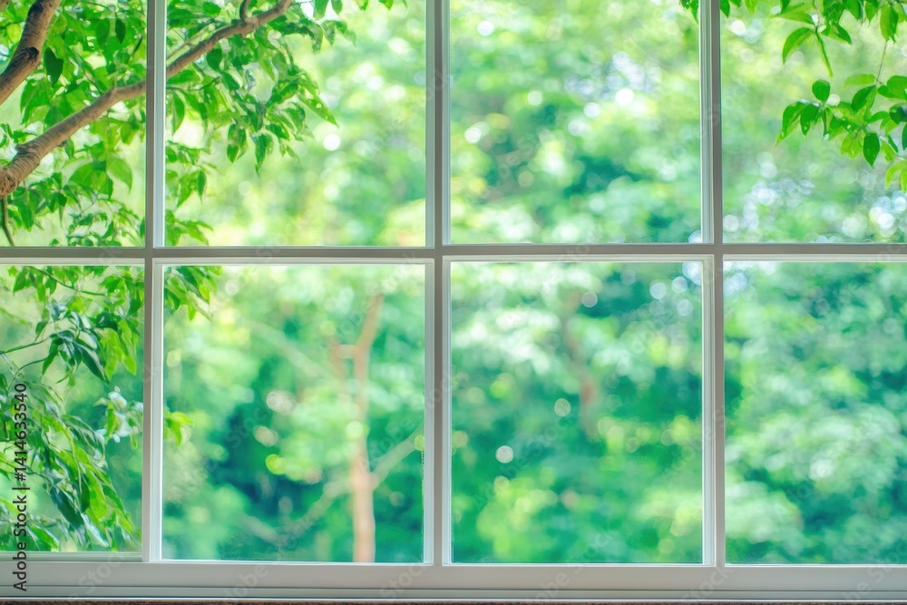Naklejka premium Serene view through a window with lush green leaves creating a peaceful nature scene in a bright and airy room