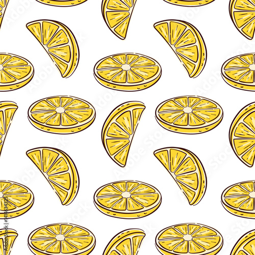 Hand drawn lemon slice seamless pattern in flat style on white background. Ideal for fun kitchen print, summer decor, packaging and citrus themed design project.