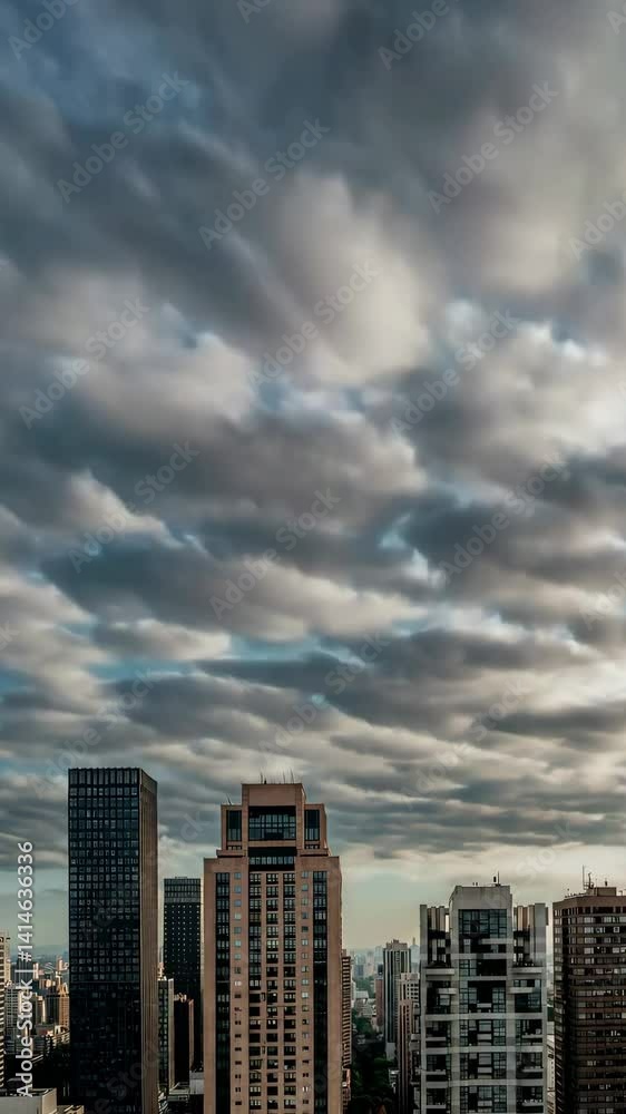 Dramatic cloud movement over urban skyline with tall buildings at dusk Dramatic cloud movement over urban skyline with tall buildings at dusk