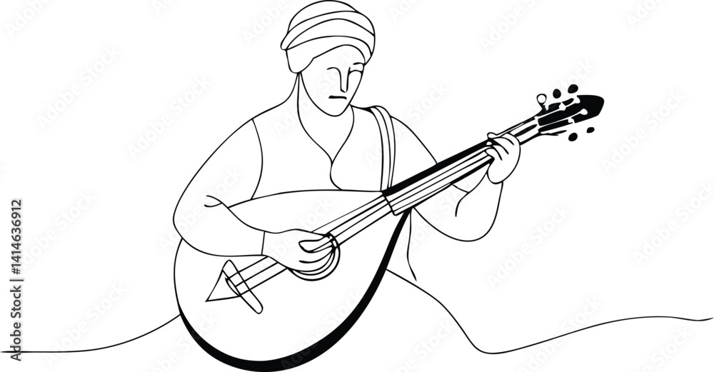 One line drawing of traditional Middle Eastern musician with turban playing oud instrument, minimalist continuous line vector for ethnic music posters, cultural art, wall decor and prints