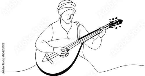 One line drawing of traditional Middle Eastern musician with turban playing oud instrument, minimalist continuous line vector for ethnic music posters, cultural art, wall decor and prints