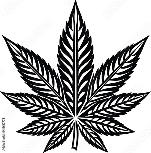 Dense and sharp-edged marijuana leaf vector with compact foliage details and high contrast silhouette, perfect for bold weed branding, 420 apparel prints, wall decor, or edgy herbal product packaging