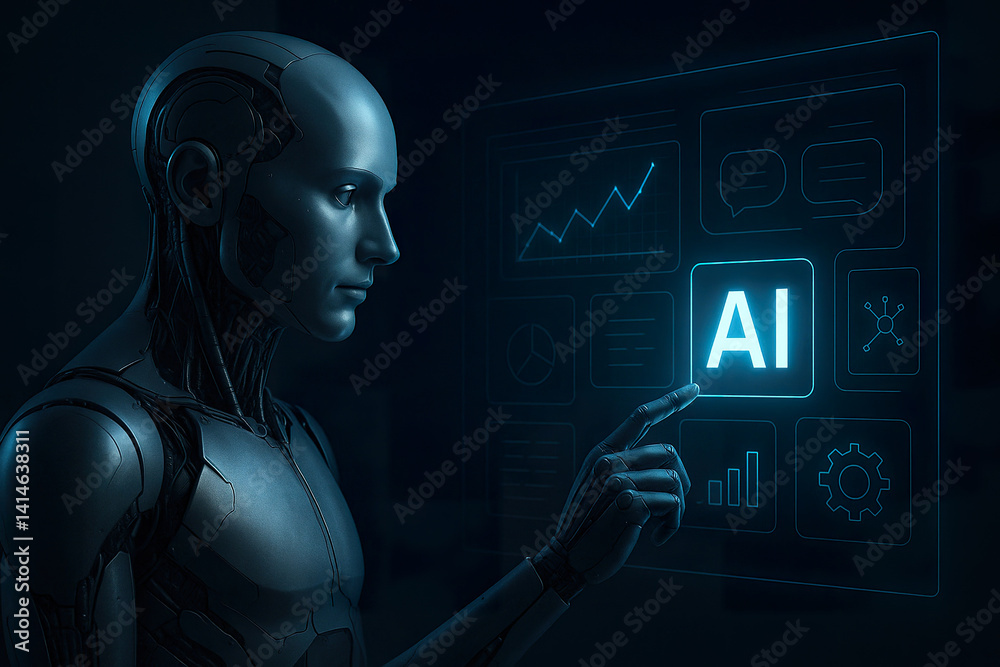 Focused blue cyborg navigating dramatic neon urbanscape