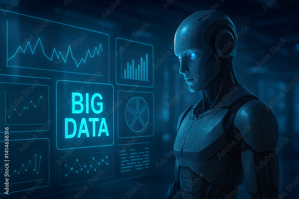 Analytical blue android observing digital big data interface in futuristic workspace
