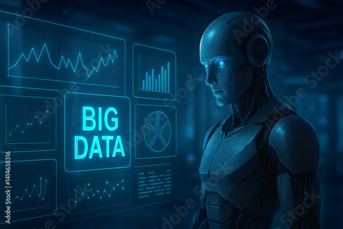 Obraz na płótnie Analytical blue android observing digital big data interface in futuristic workspace w salonie