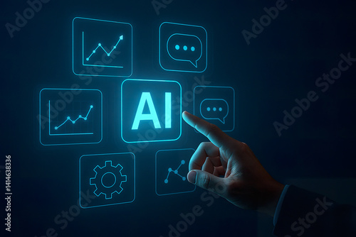 Business hand activating glowing AI interface on dark blue digital screen