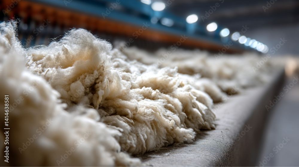 pile of raw clean sheep soft wool in textile factory. Machinery processing, Natural material, cotton production with copy space