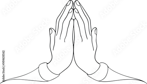 Slim and graceful continuous line art of praying hands with soft curves, symbolizing peace, gratitude, and spiritual calm—ideal for mindfulness SVG sets, yoga posters, and worship decor illustrations