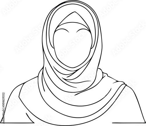 Minimalist one line drawing of a faceless woman wearing a hijab, elegant vector for Islamic wall art, modern Muslim identity decor, modest fashion design, and empowerment-themed printable illustration