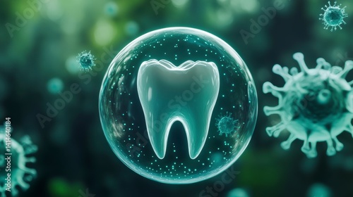 A healthy tooth protected inside a sphere from viruses and bacteria.