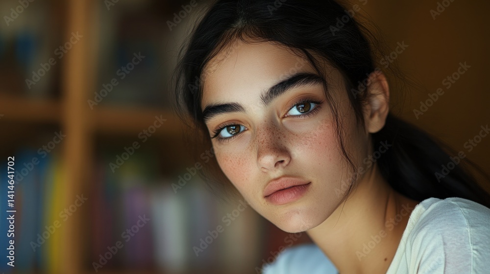 Portrait of a young woman with striking features indoors Portrait of a young woman with striking features indoors