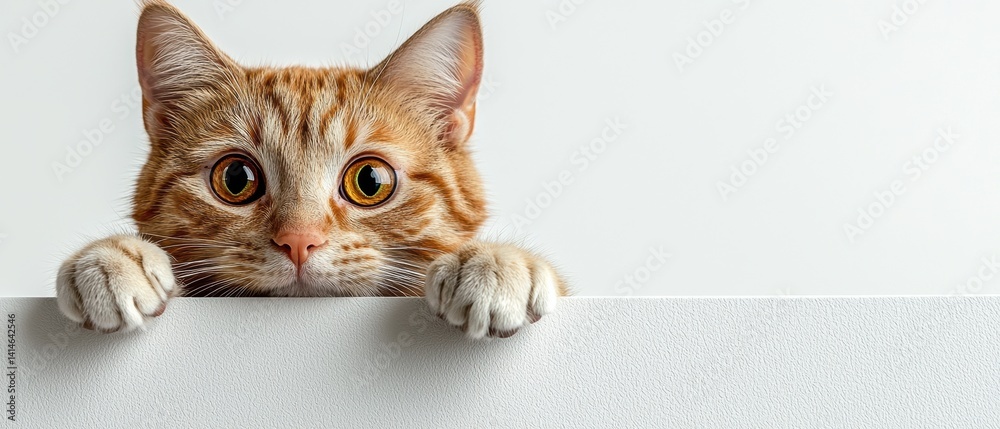 Orange tabby cat peeking over white surface with amber eyes in fall