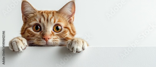 Obraz na płótnie Orange tabby cat peeking over white surface with amber eyes in fall w salonie