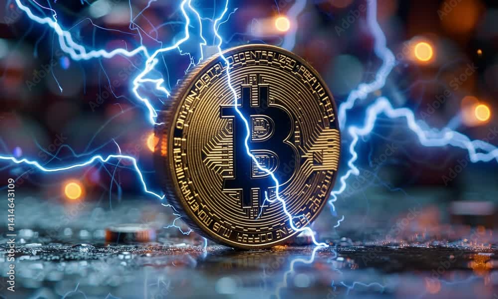 Golden bitcoin coin surrounded by electric energy.