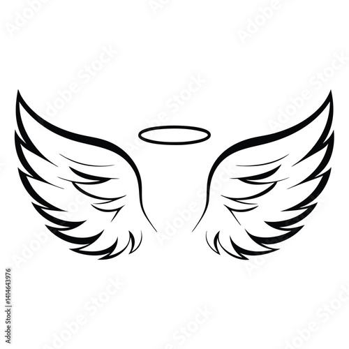 Stylized Angel Wings with Halo - Black and White Design