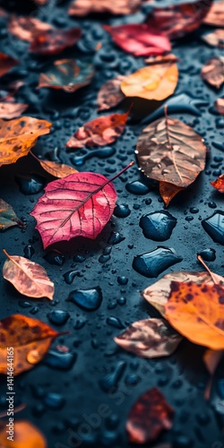 Colorful Autumn Leaves and Water Droplets on a Textured Surface, Creating a Vibrant Fall Scene