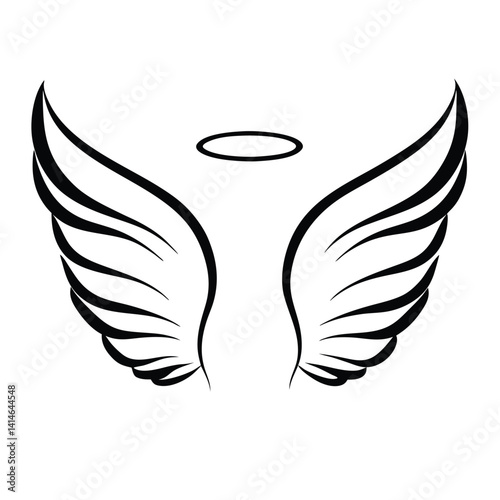 Stylized Angel Wings with Halo - Black and White Design