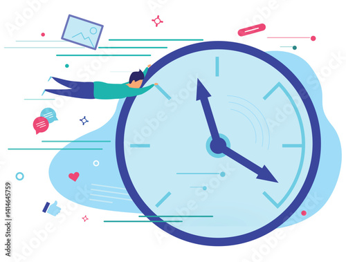 Man Hanging on Clock Hand – Flat Vector Illustration, Everyday Person Struggling Against Time and Deadlines