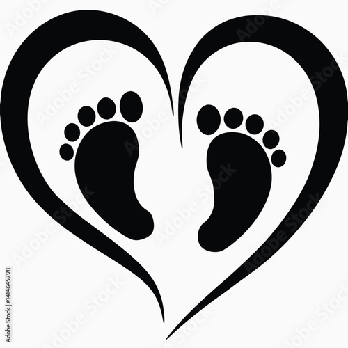 Black Silhouette of Baby Footprints in Heart Shape - Simple and Stylized Design