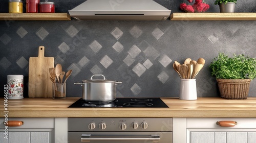 Overhead kitchen layout with induction stove and compatible cookware set