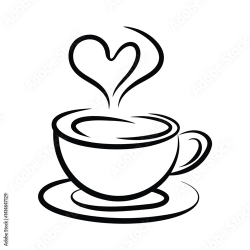 Black and White Line Drawing of Coffee Cup with Heart-Shaped Steam