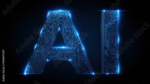 Glowing blue ai circuitry patterns on solid black background