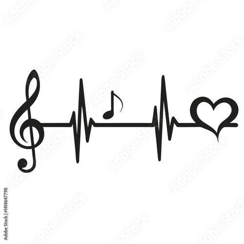 Heartbeat Music Line Vector – Treble Clef & Musical Note Graphic in Black and White