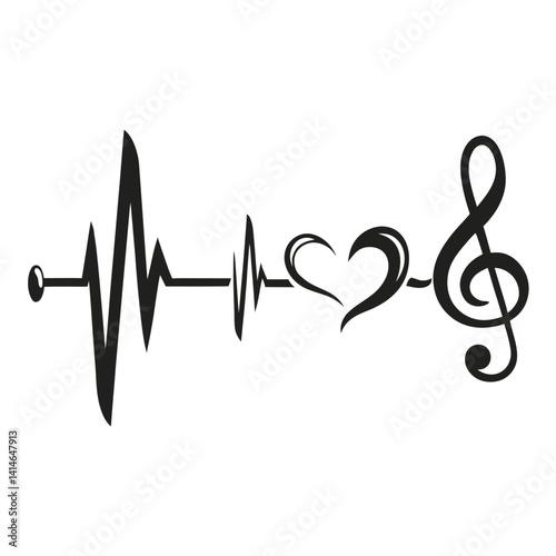 Heartbeat Music Line Vector – Treble Clef & Musical Note Graphic in Black and White