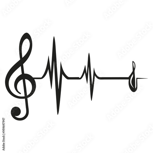 Heartbeat Music Line Vector – Treble Clef & Musical Note Graphic in Black and White